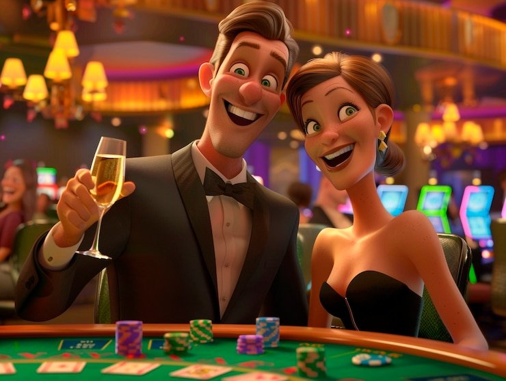 Dealer live casino profesional mengelola permainan blackjack dengan tampilan studio streaming premium